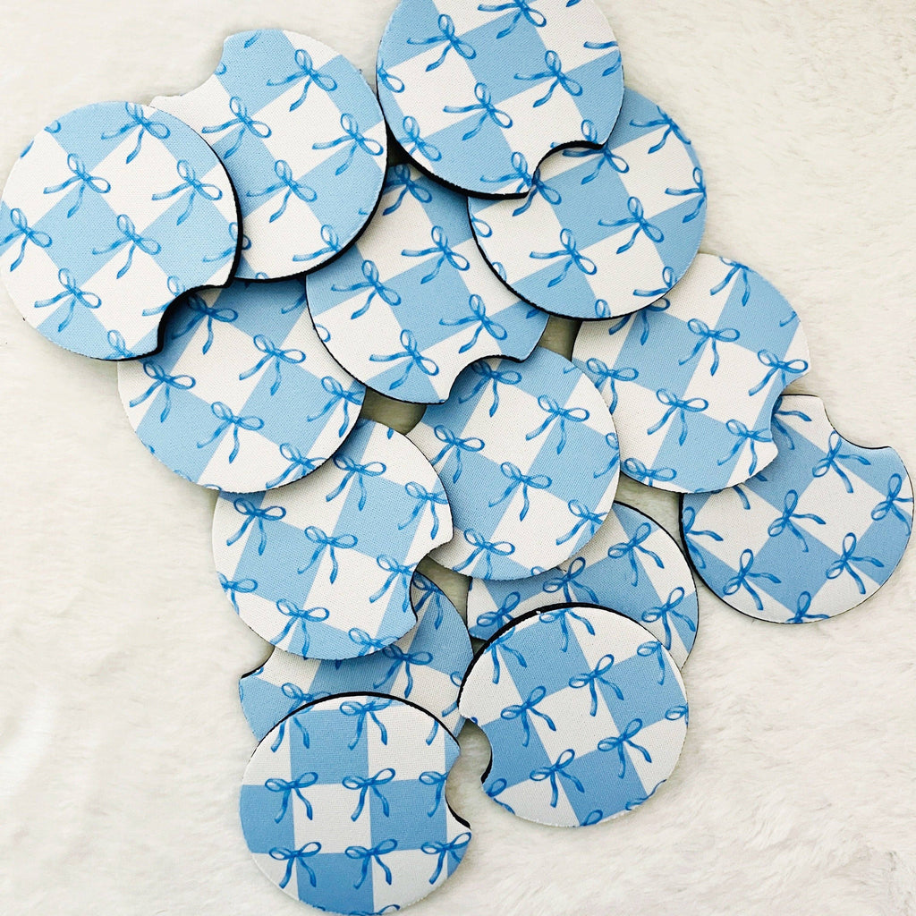 2 Car Coasters, Blue Coquette Bow & Checkered Pattern