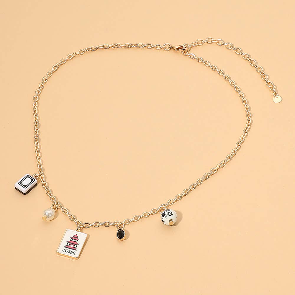 Mahjong Tile Pearl Stone Charm Necklace