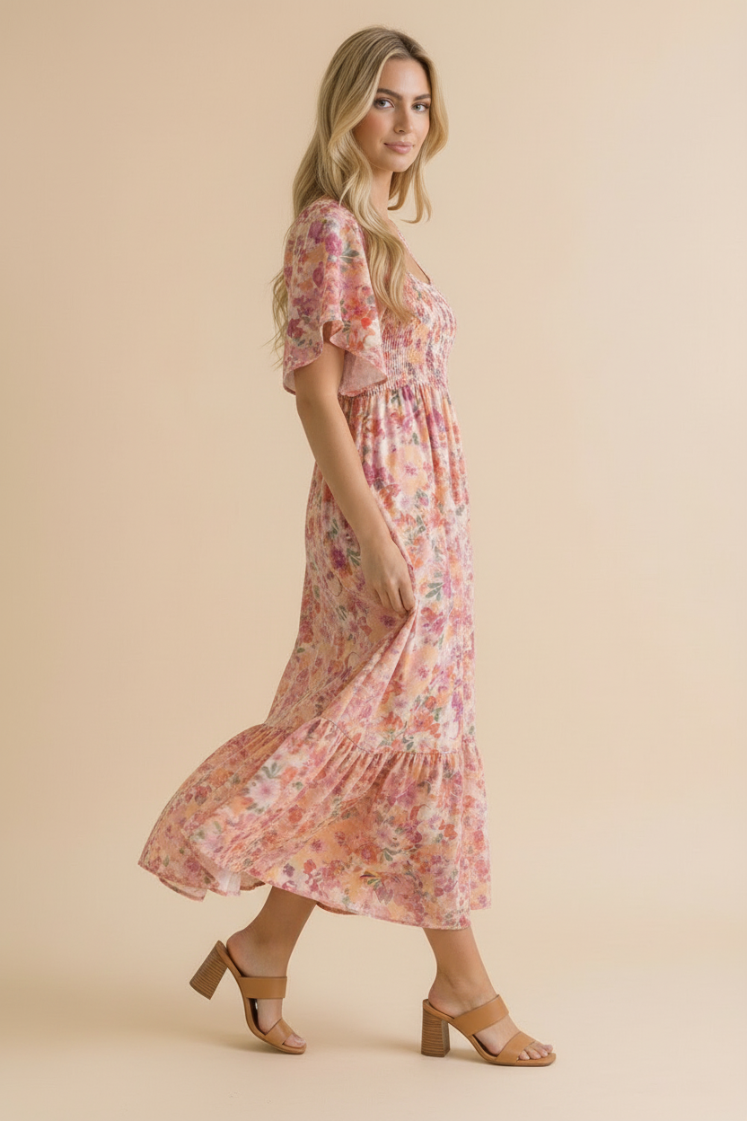 Plus Sweetheart Flutter Sleeve Floral Maxi Dress