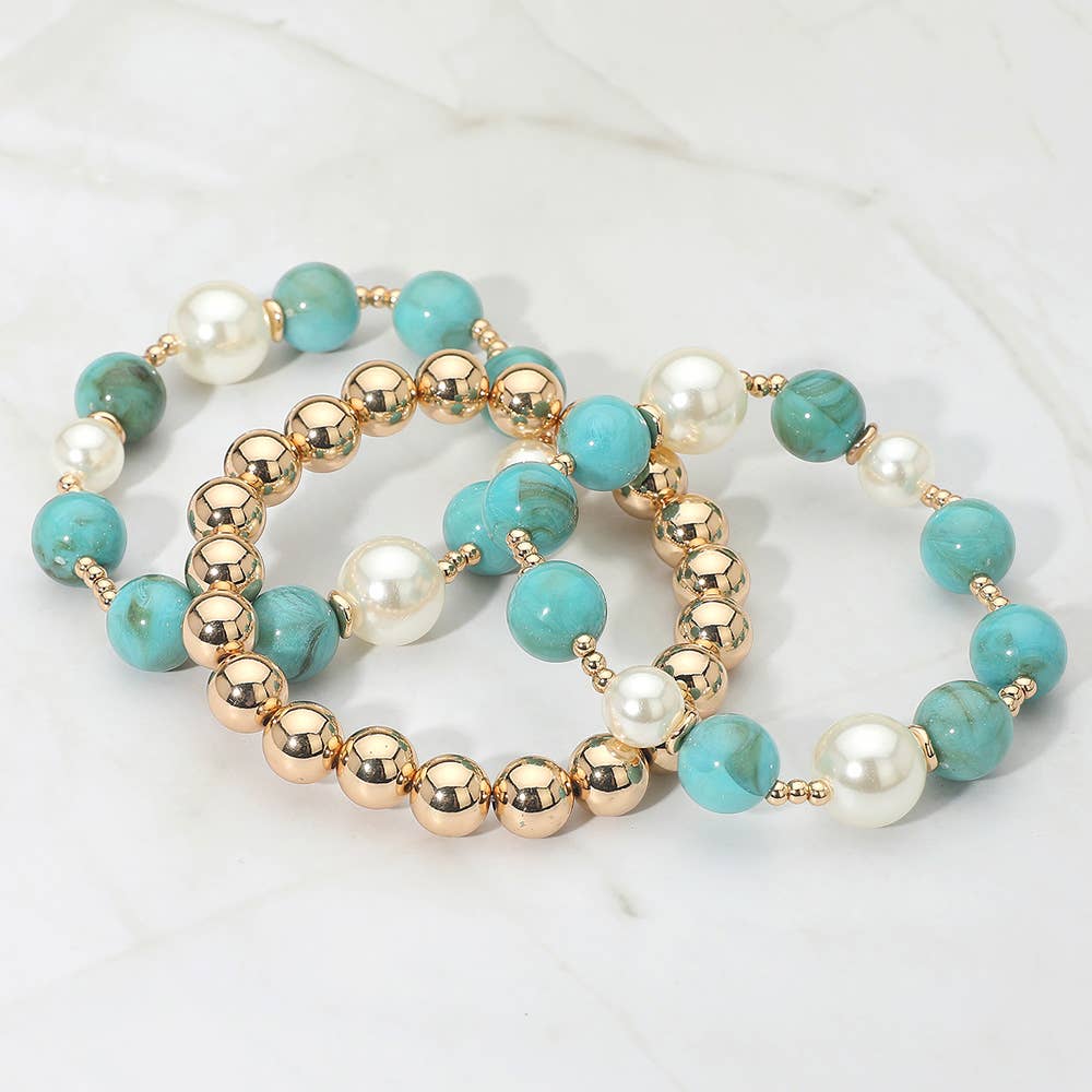 3PCS - Round Pearl Mixed Beaded Stretch Multi Layered Bracelets