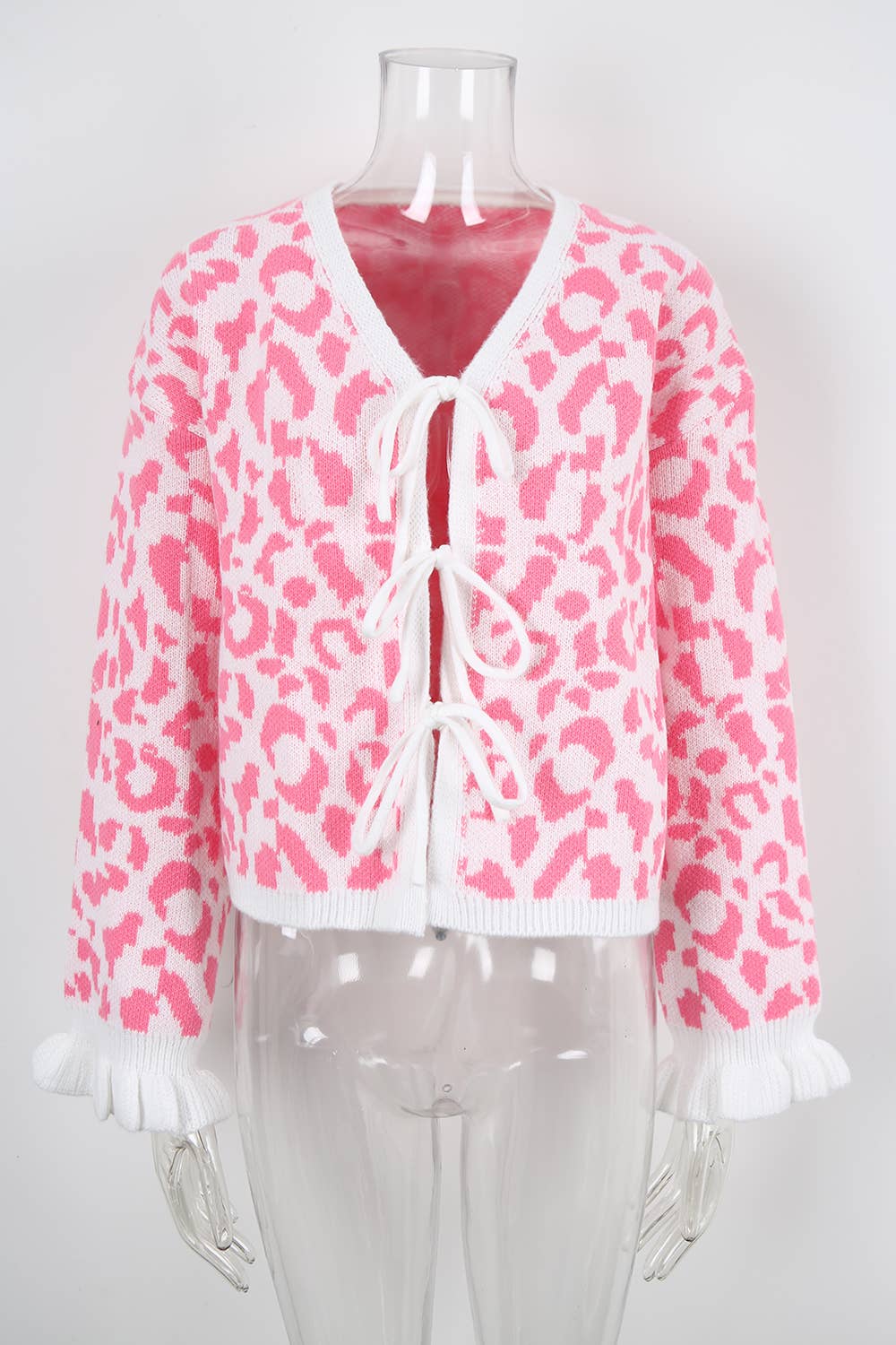 Leopard Knit Cropped Bow Cardigan