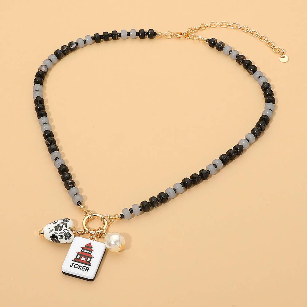Mahjong Tile Charm Pearl Floral Bead Ball Charm Pendant Beaded Necklace