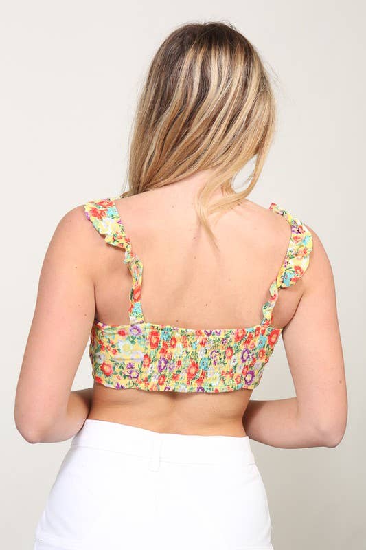 Floral Tie-Front Ruffle Strap Crop Top