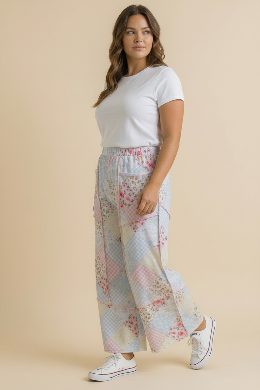 Plus Floral Patchwork Reverse Stitch Wide Leg Pant