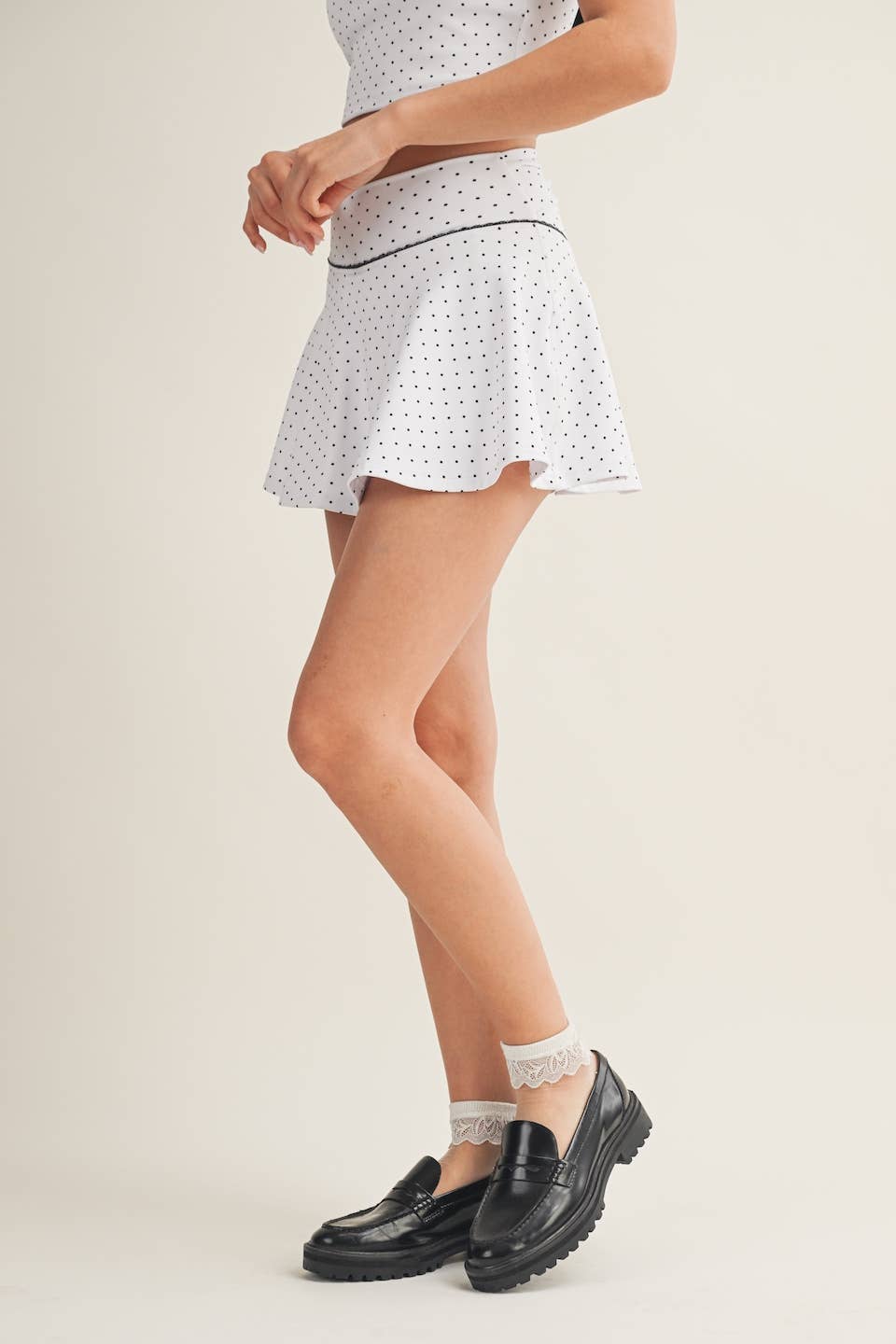 Polka Dot Print Mini Circle Skort with Bow Back and Lace Tri