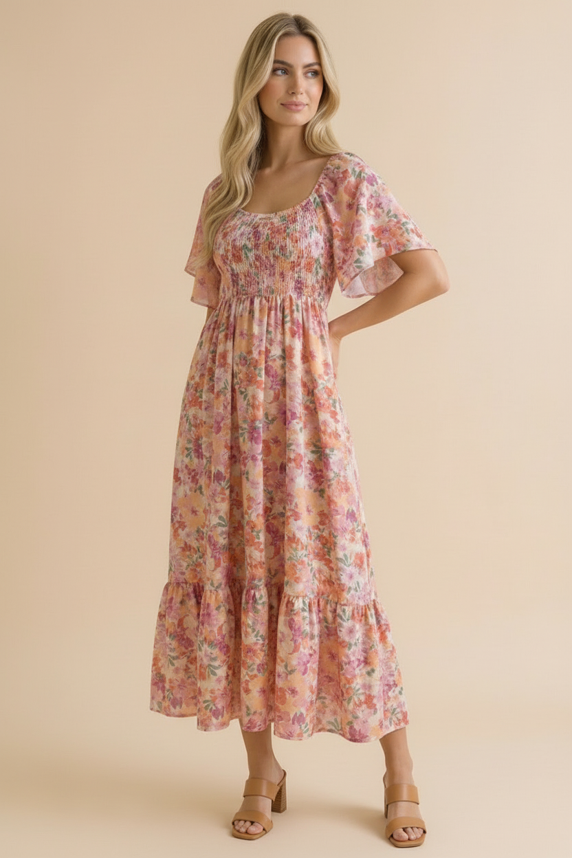 Plus Sweetheart Flutter Sleeve Floral Maxi Dress