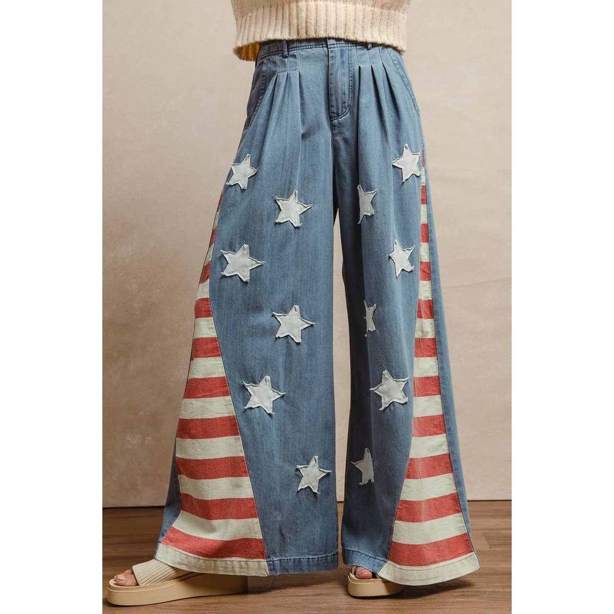 VINTAGE WASHED AMERICAN FLAG STAR CHAMBRAY PANTS