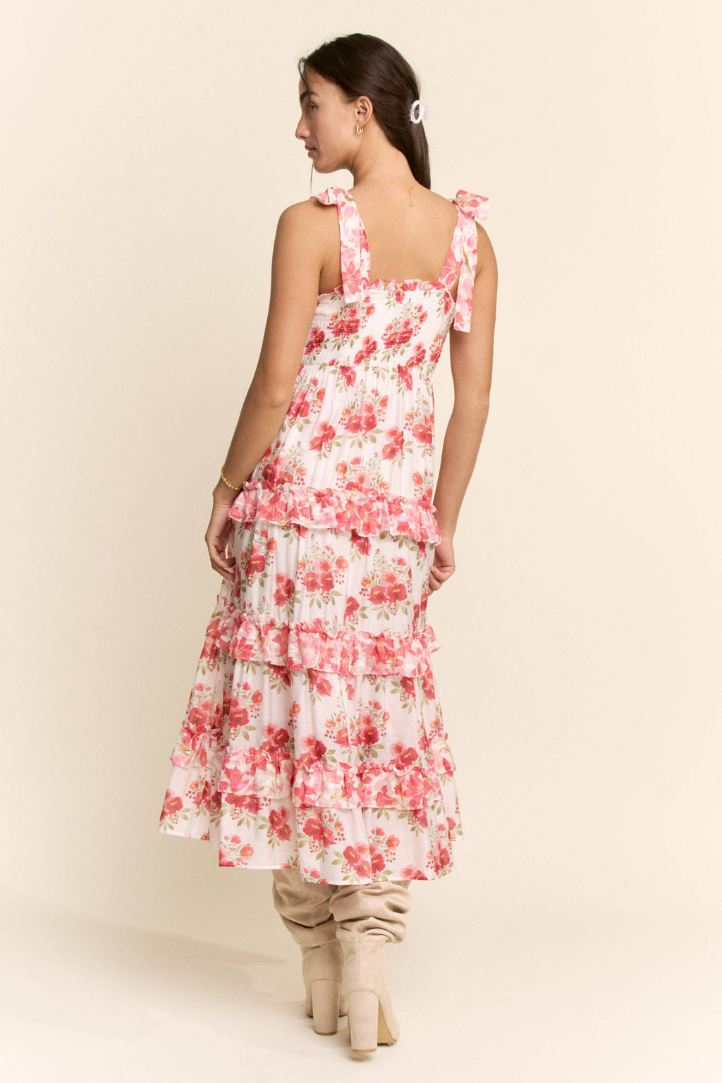 GARDEN FLORAL RUFFLE SMOCK SHOULDER MIDI DRESS