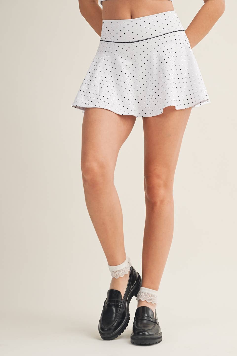 Polka Dot Print Mini Circle Skort with Bow Back and Lace Tri