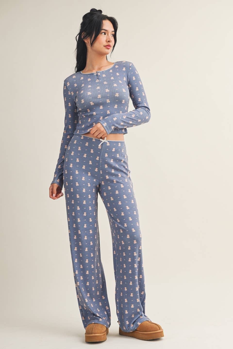Crewneck Teddy Bear Print Pointelle Lounge Set