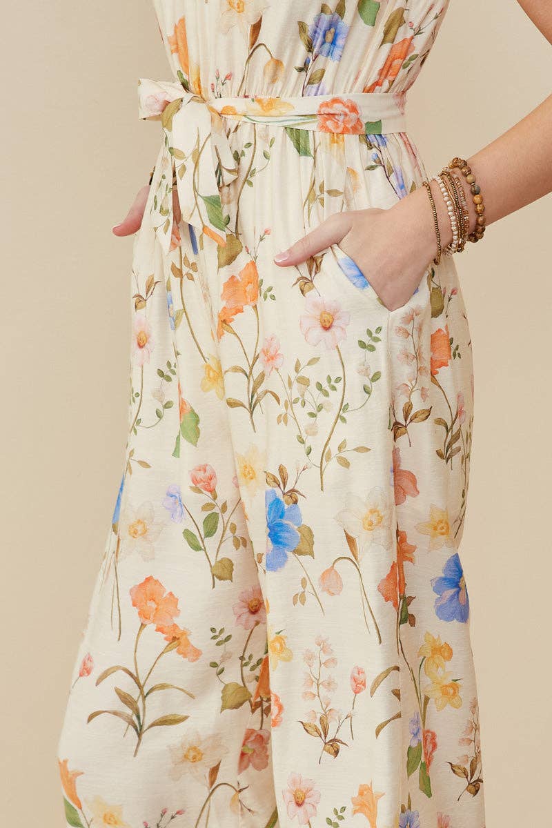 Womens Textured Floral Smock Neck Sleeveless Jumpsuit