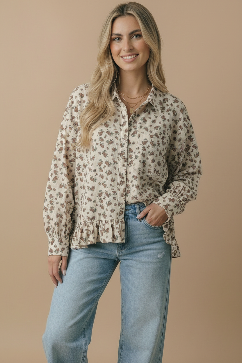 Collared Floral Peplum Hem Babydoll Shirt