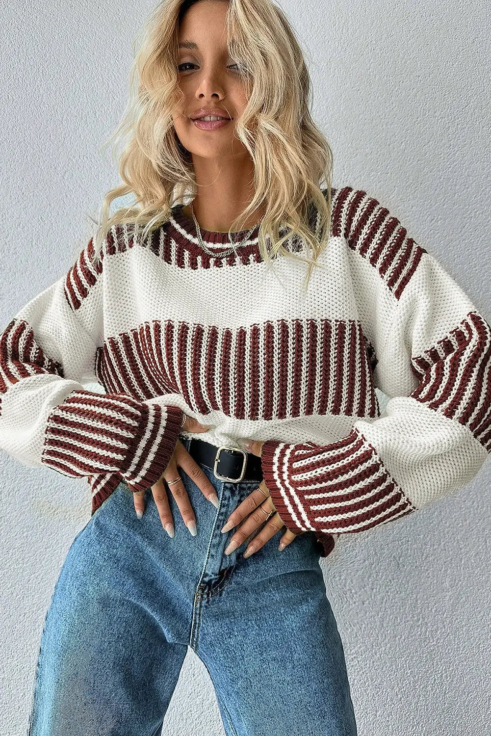 Two Tone Striped Patchwork Drop Shoulder Loose Sweater