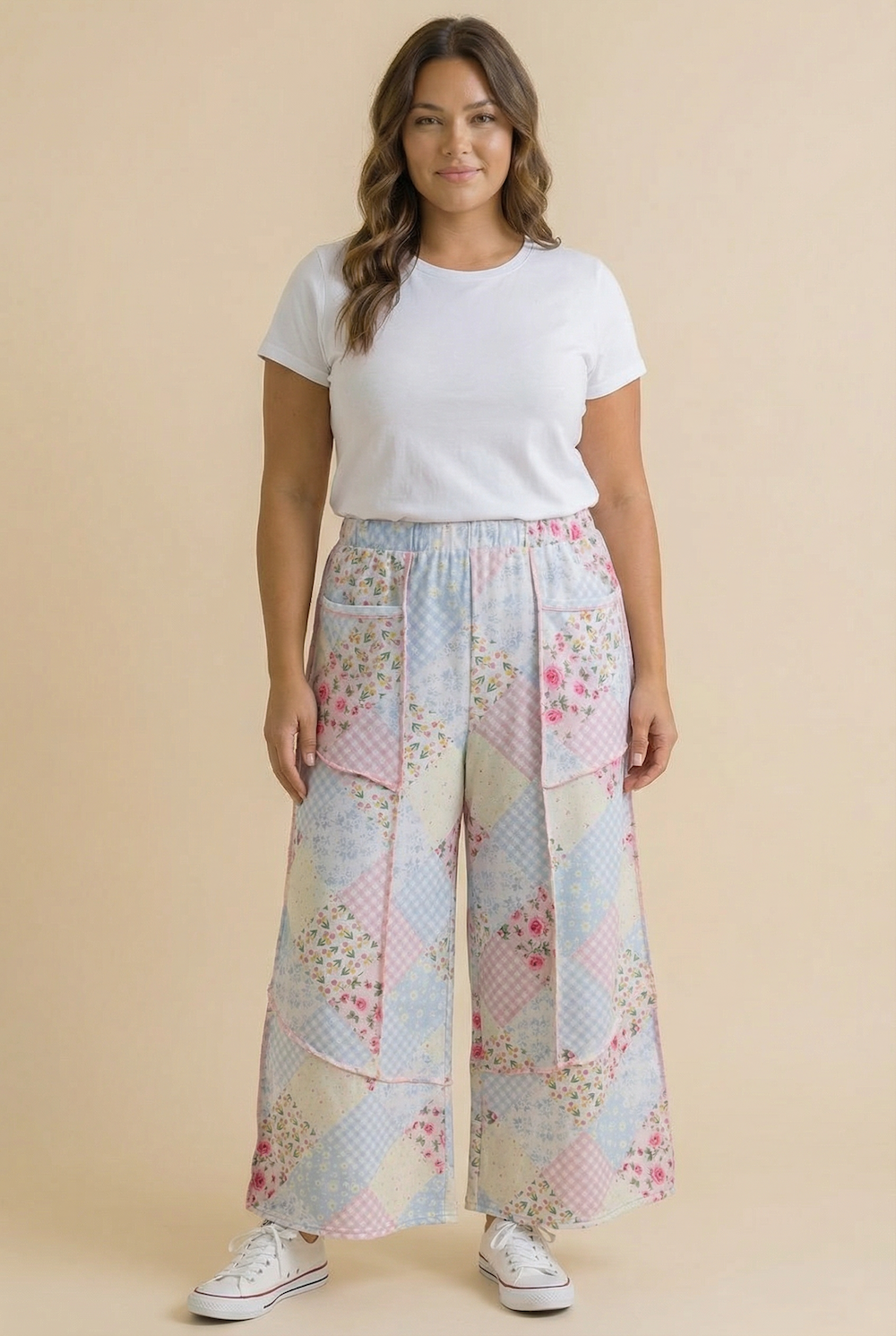 Plus Floral Patchwork Reverse Stitch Wide Leg Pant