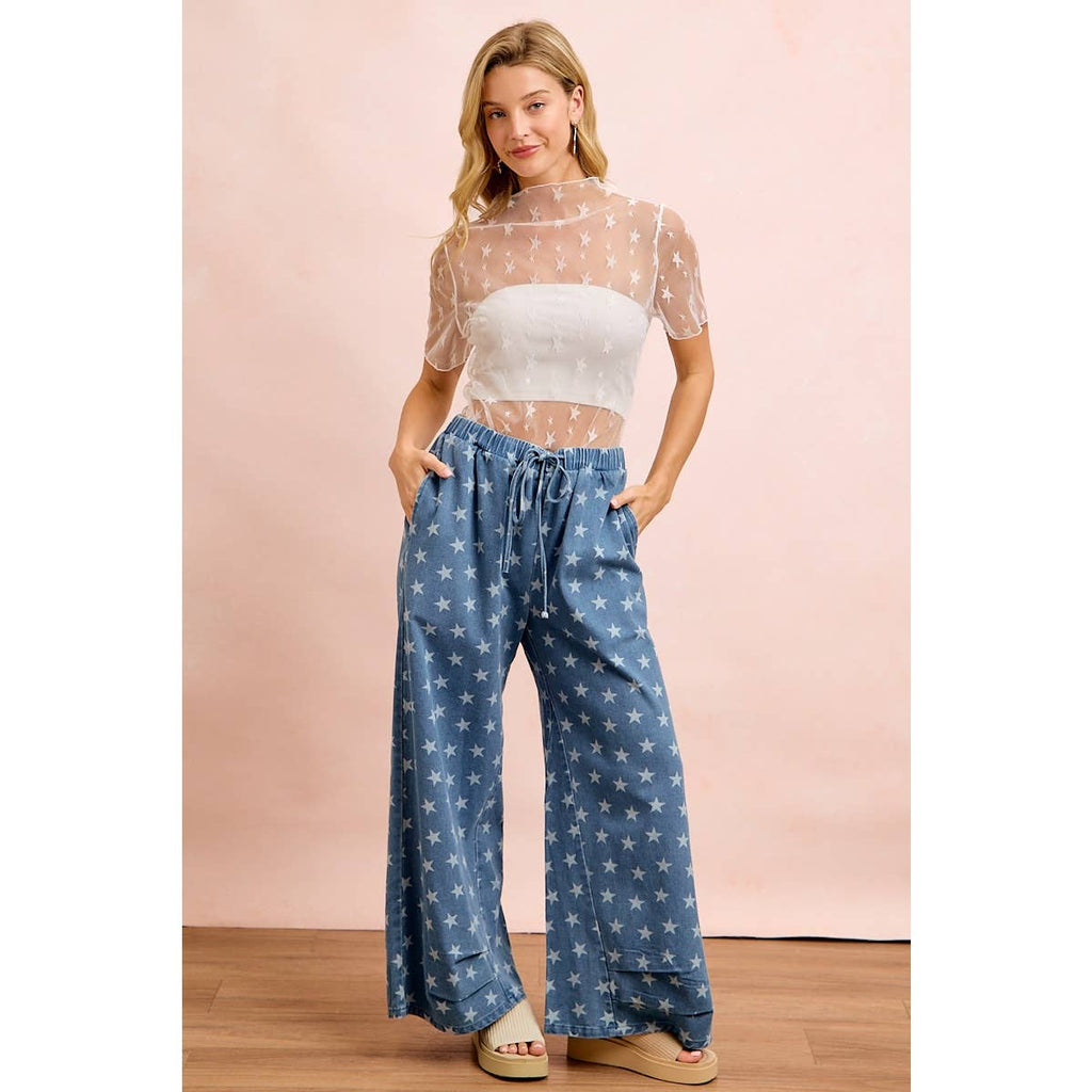 HIGH NECK LINE SHORT SLEEVES STAR MESH TOP