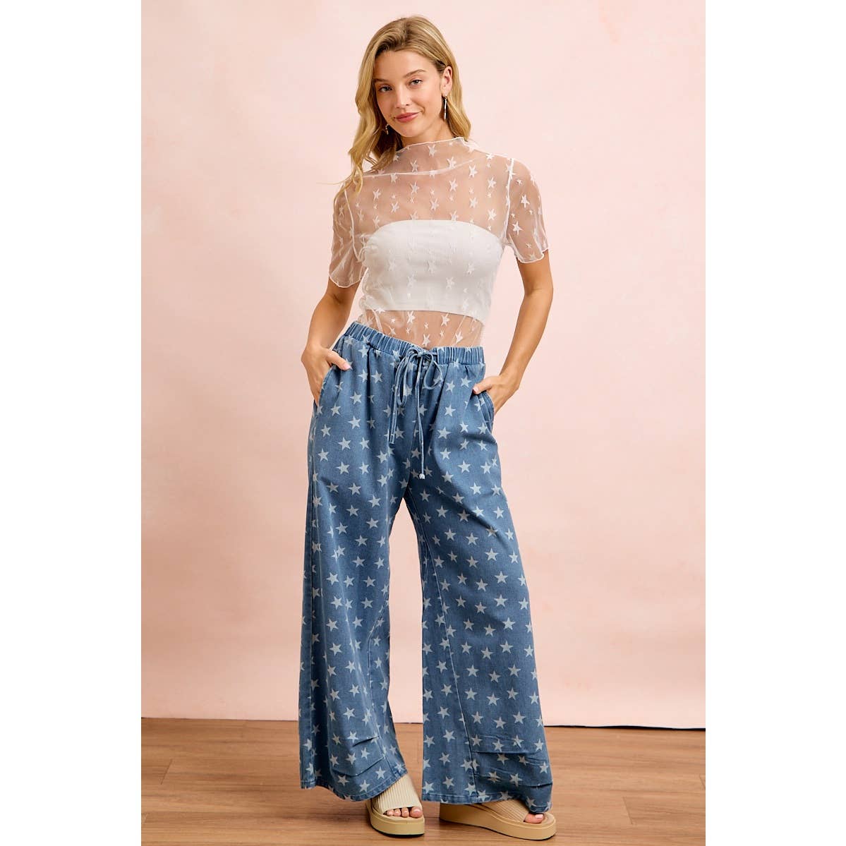 HIGH NECK LINE SHORT SLEEVES STAR MESH TOP