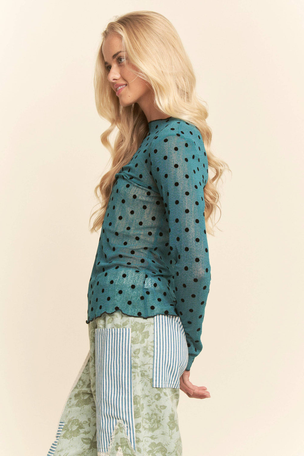 Polka Sheer long-sleeve mesh top