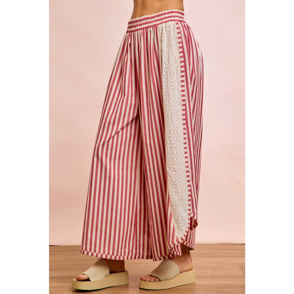FLORAL EYELET SIDE ELASTIC STRIPES WIDE LEG PANTS