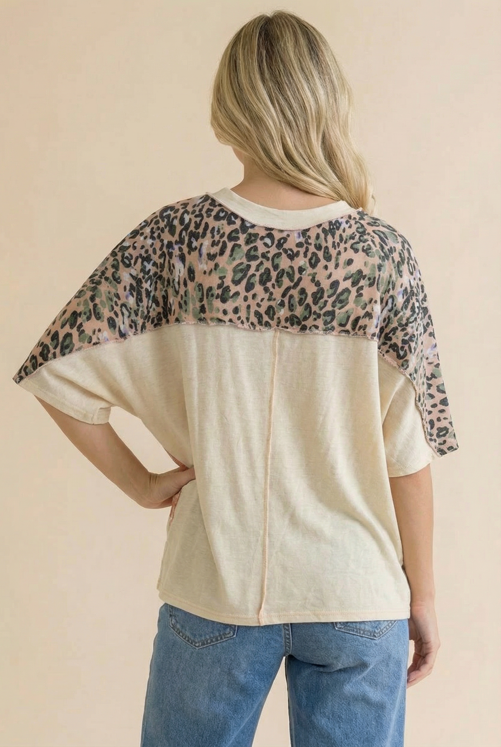 Plus Floral Leopard Color Block Dolman Knit Top