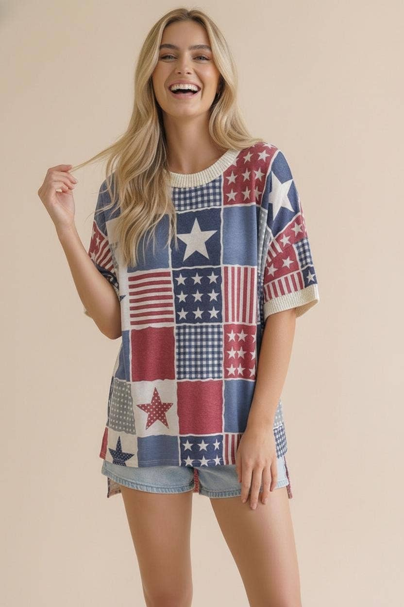 Round Neck Star and Stripe Patchwork Print