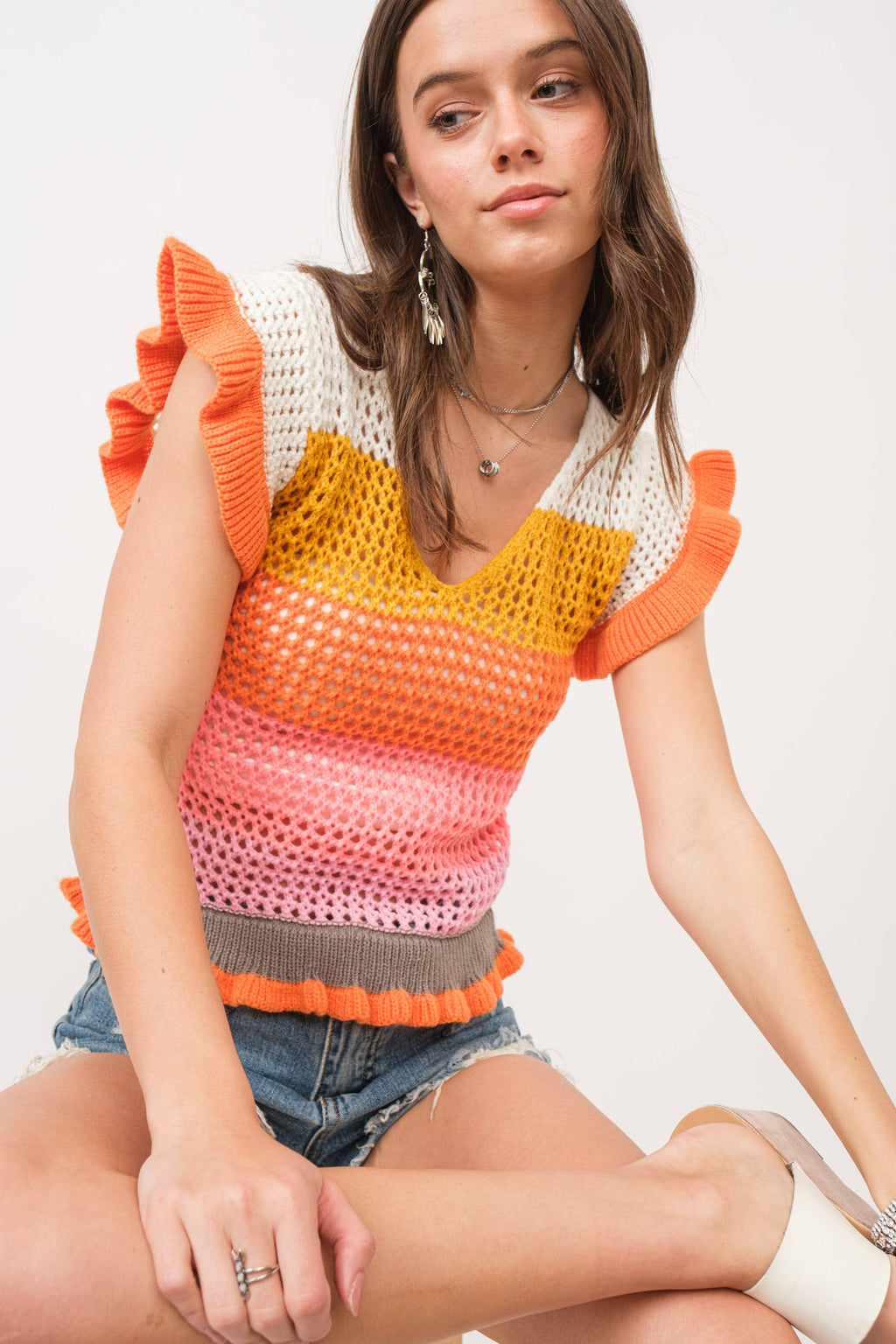 Crochet Knitted Multi Stripe Ruffle SLV Sweater Top