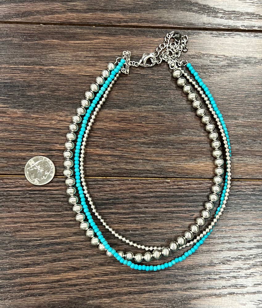 737783, Handmade 16" 3-strand Silver Navajo Bead Necklace