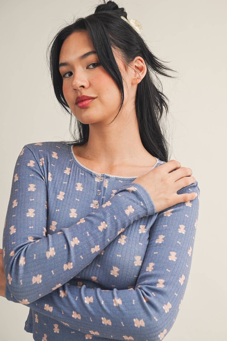 Crewneck Teddy Bear Print Pointelle Lounge Set