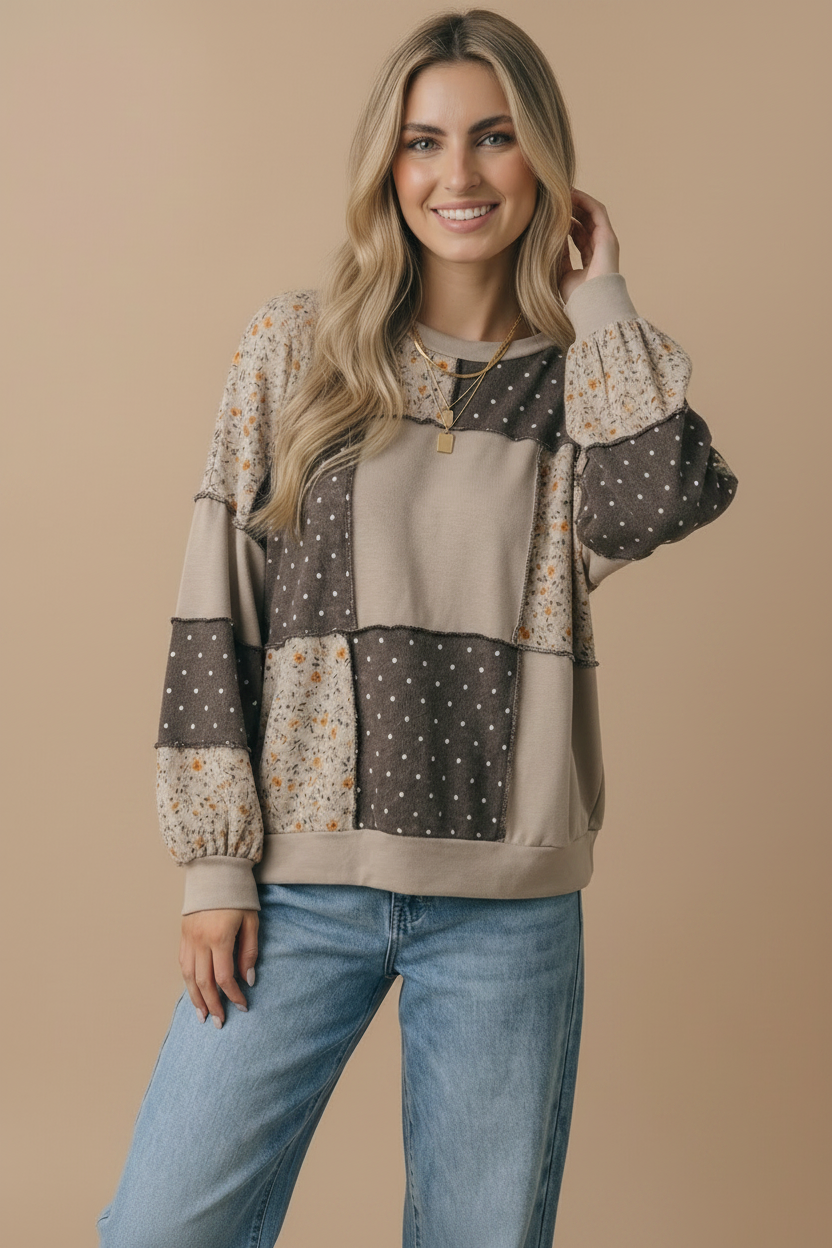Round Neck Mixed Print Patchwork Pullover