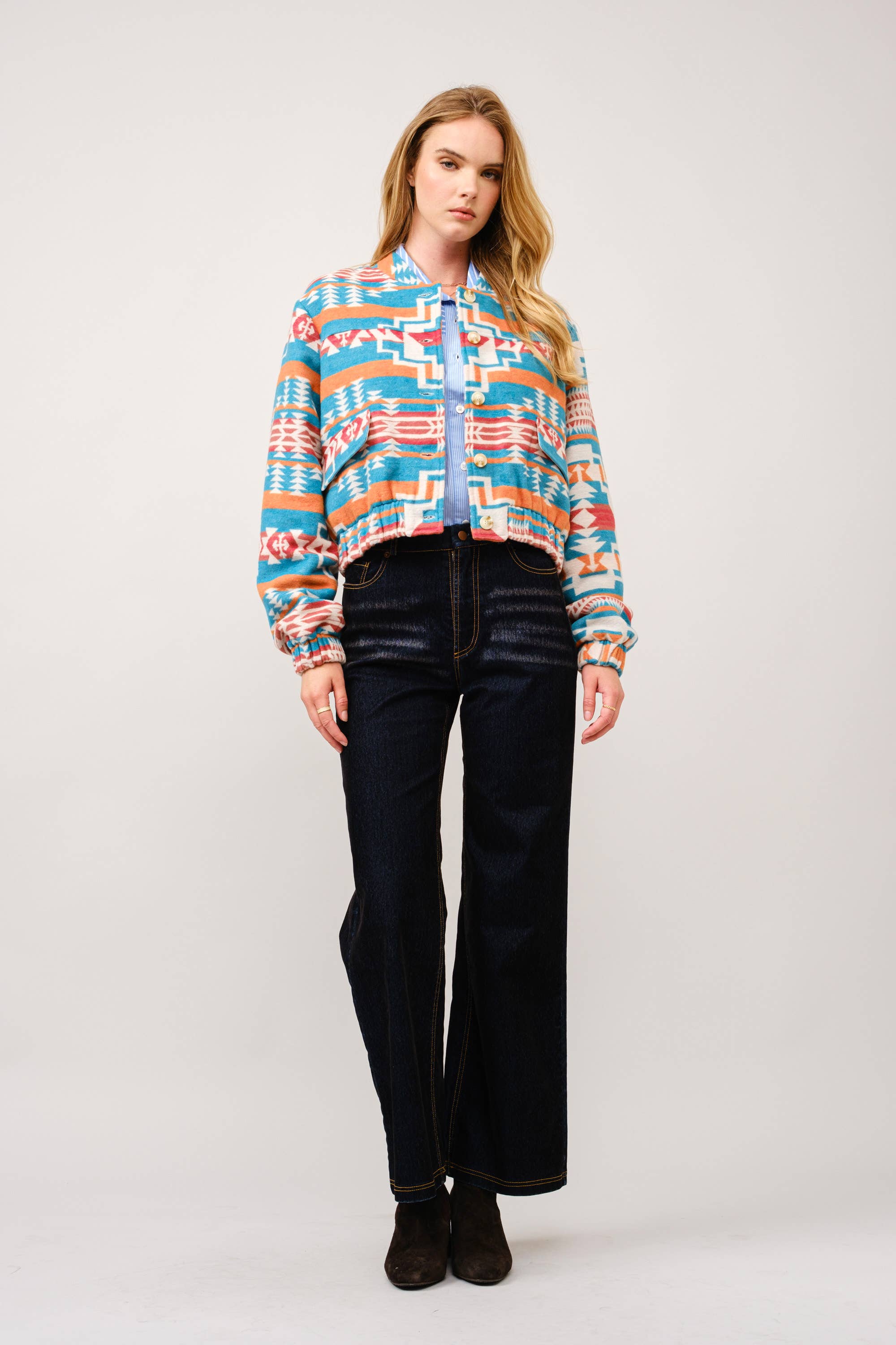 Jacquard Aztec Snap Up Bomber Jacket