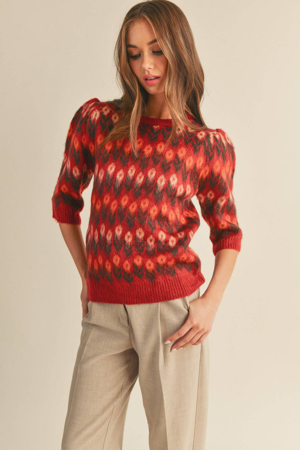 FLORAL KNIT SHORT PUFF SLEEVE SWEATER TOP