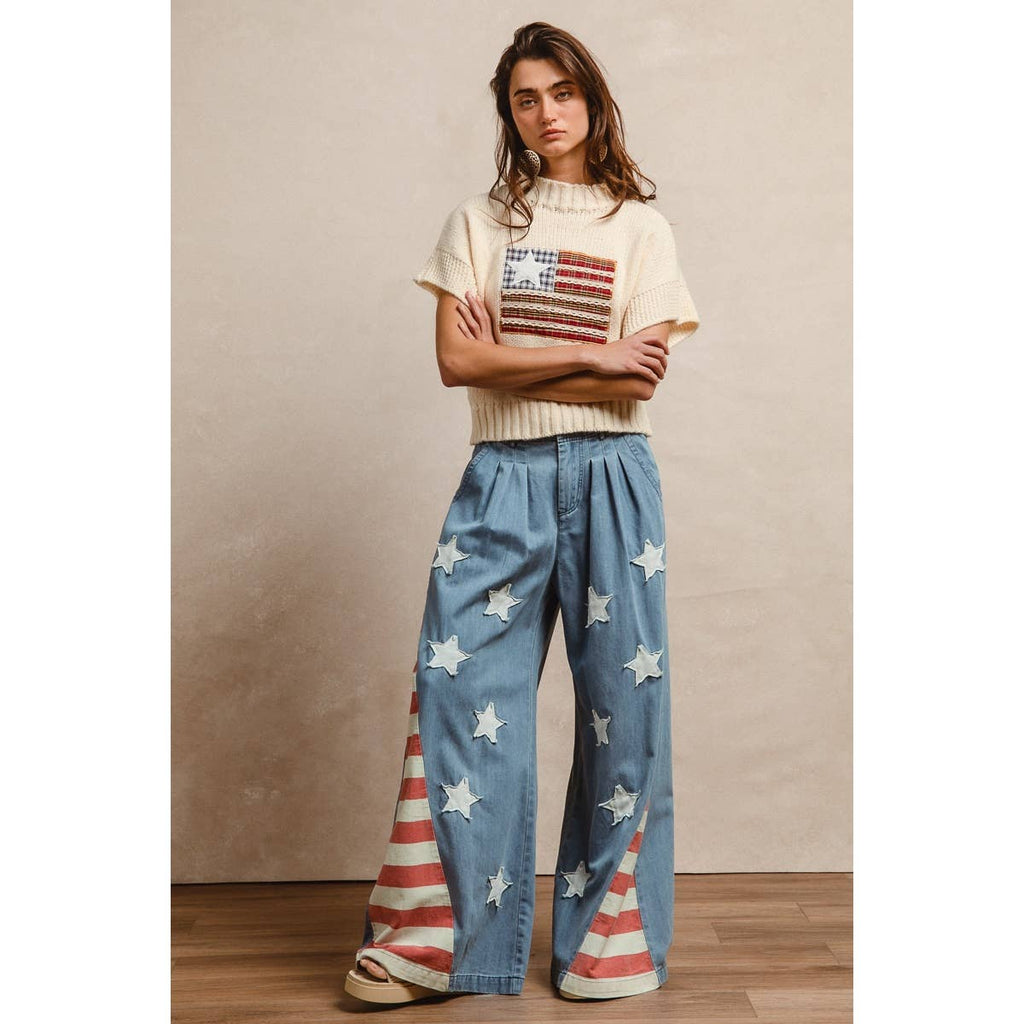 VINTAGE WASHED AMERICAN FLAG STAR CHAMBRAY PANTS