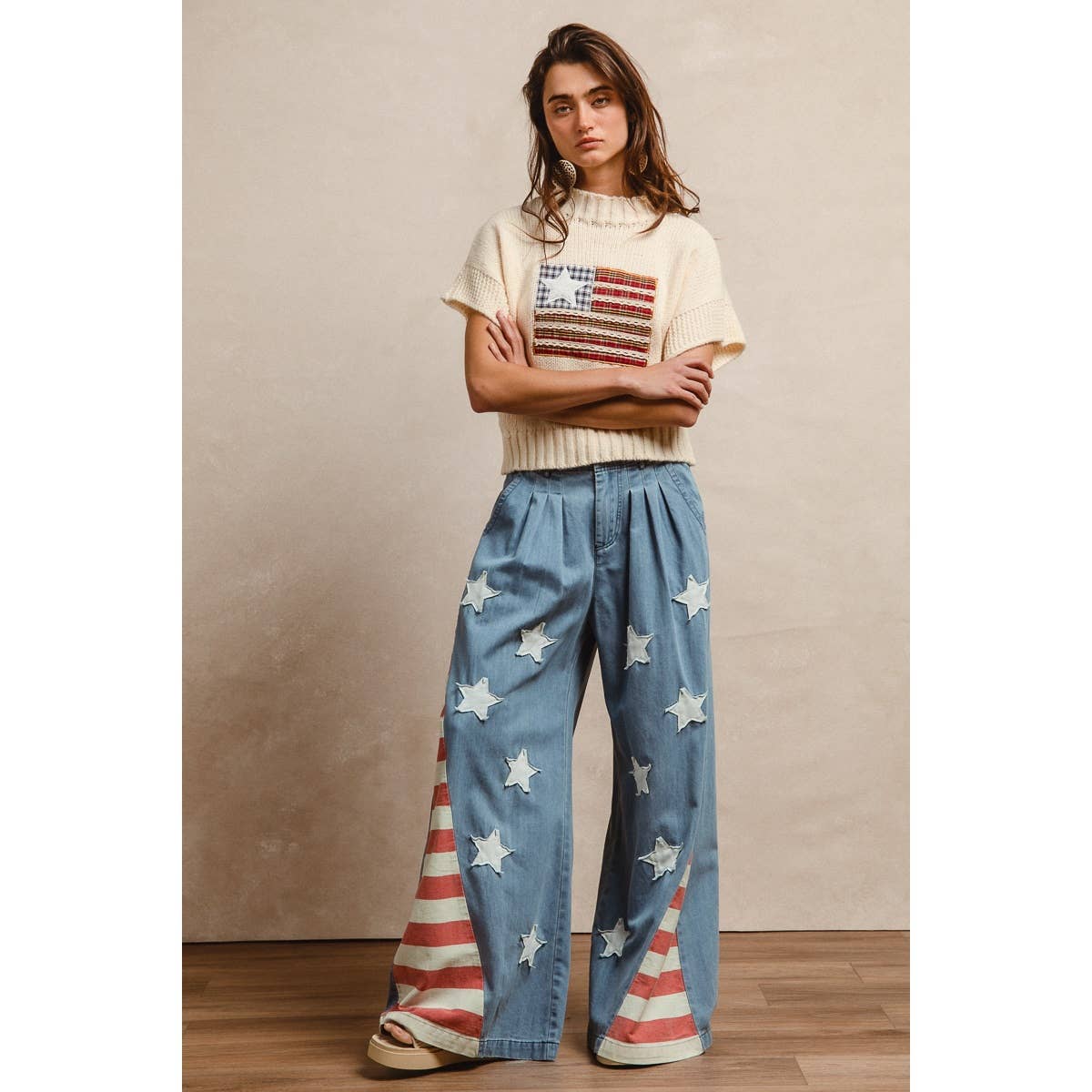 VINTAGE WASHED AMERICAN FLAG STAR CHAMBRAY PANTS