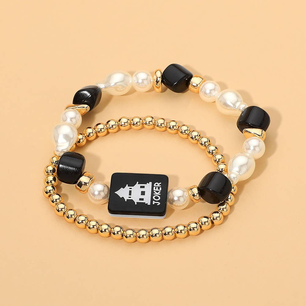 2PCS - Mahjong Tile Pearl Beaded Stretch Multi Layered Bracelets