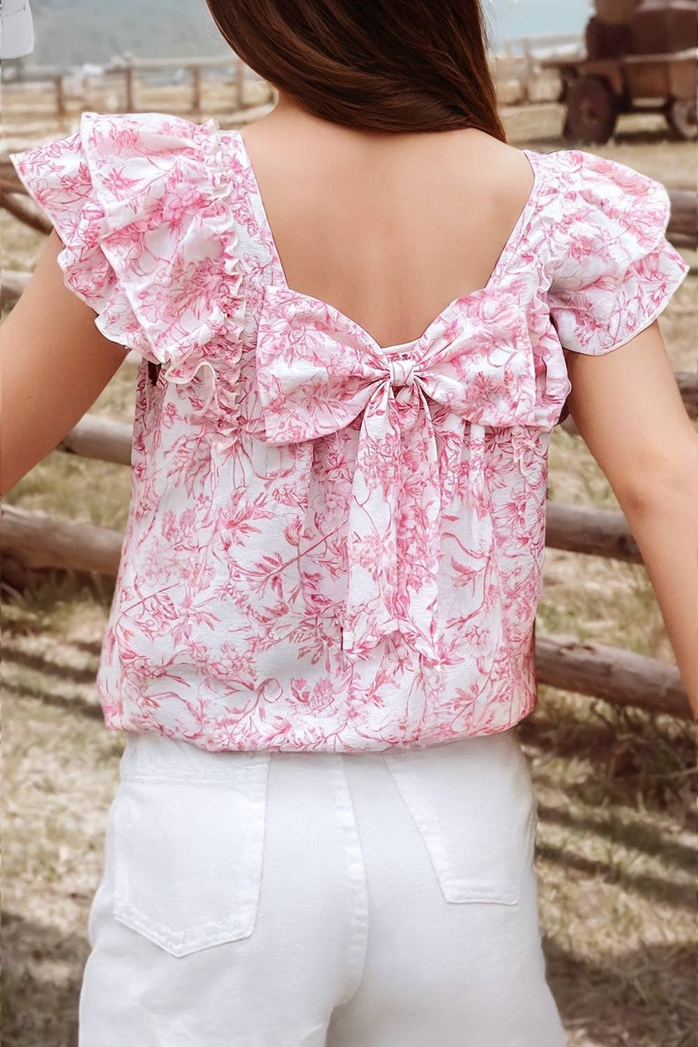 Floral Ruffle Short Sleeve Square Neck Bow Back Blouse