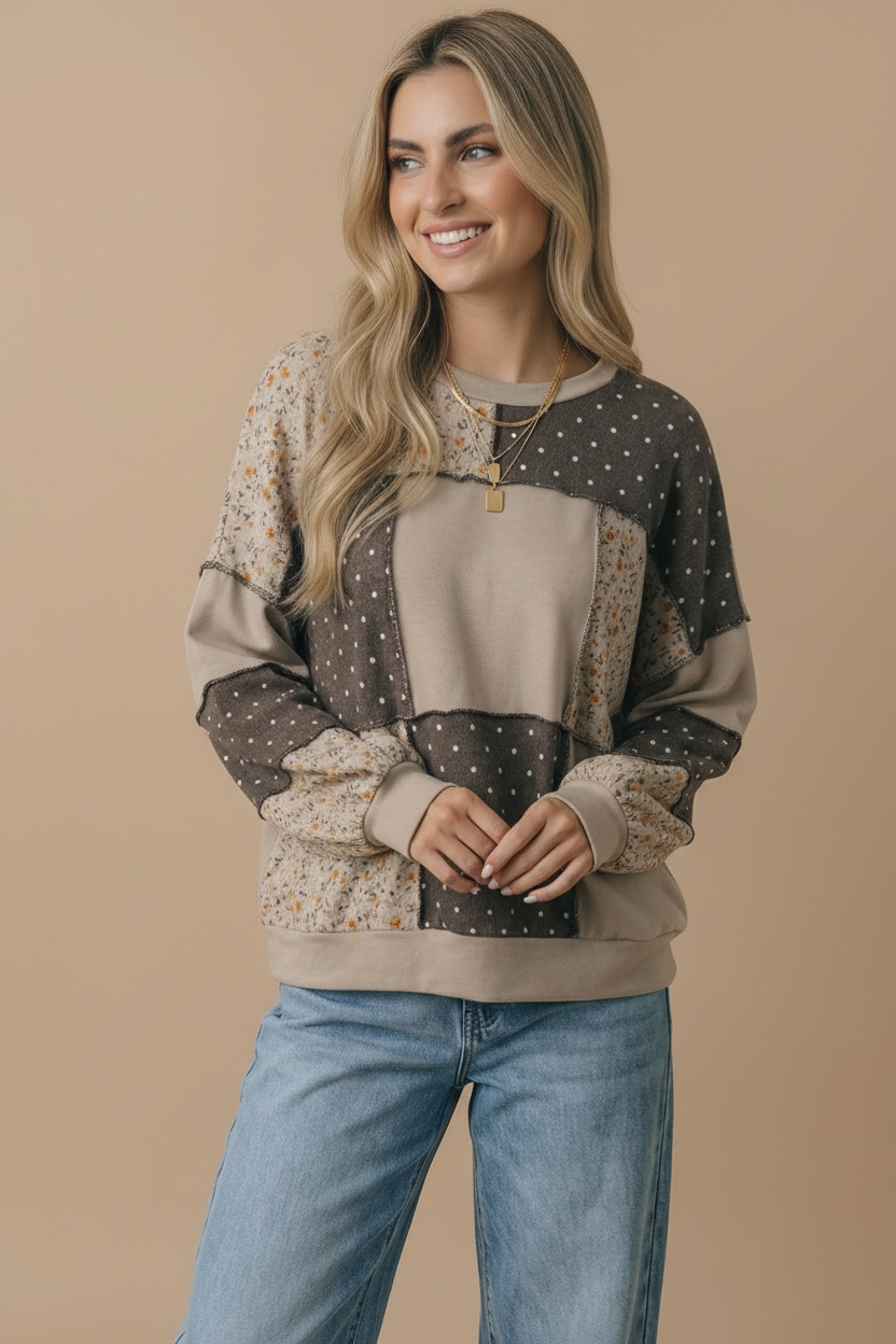 Round Neck Mixed Print Patchwork Pullover