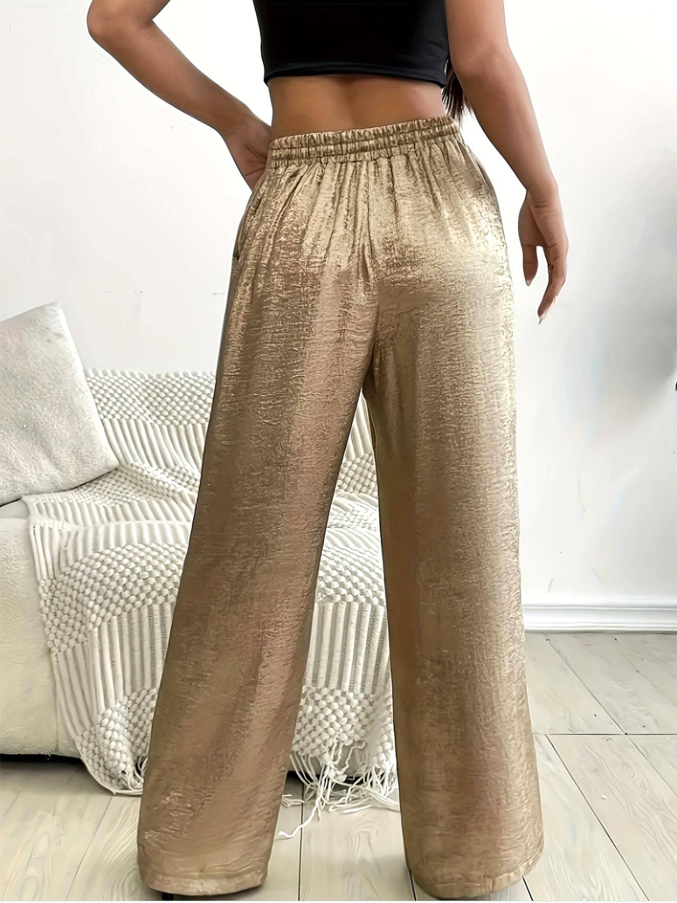 Elastic-waist stamping bronzing wide-leg pants