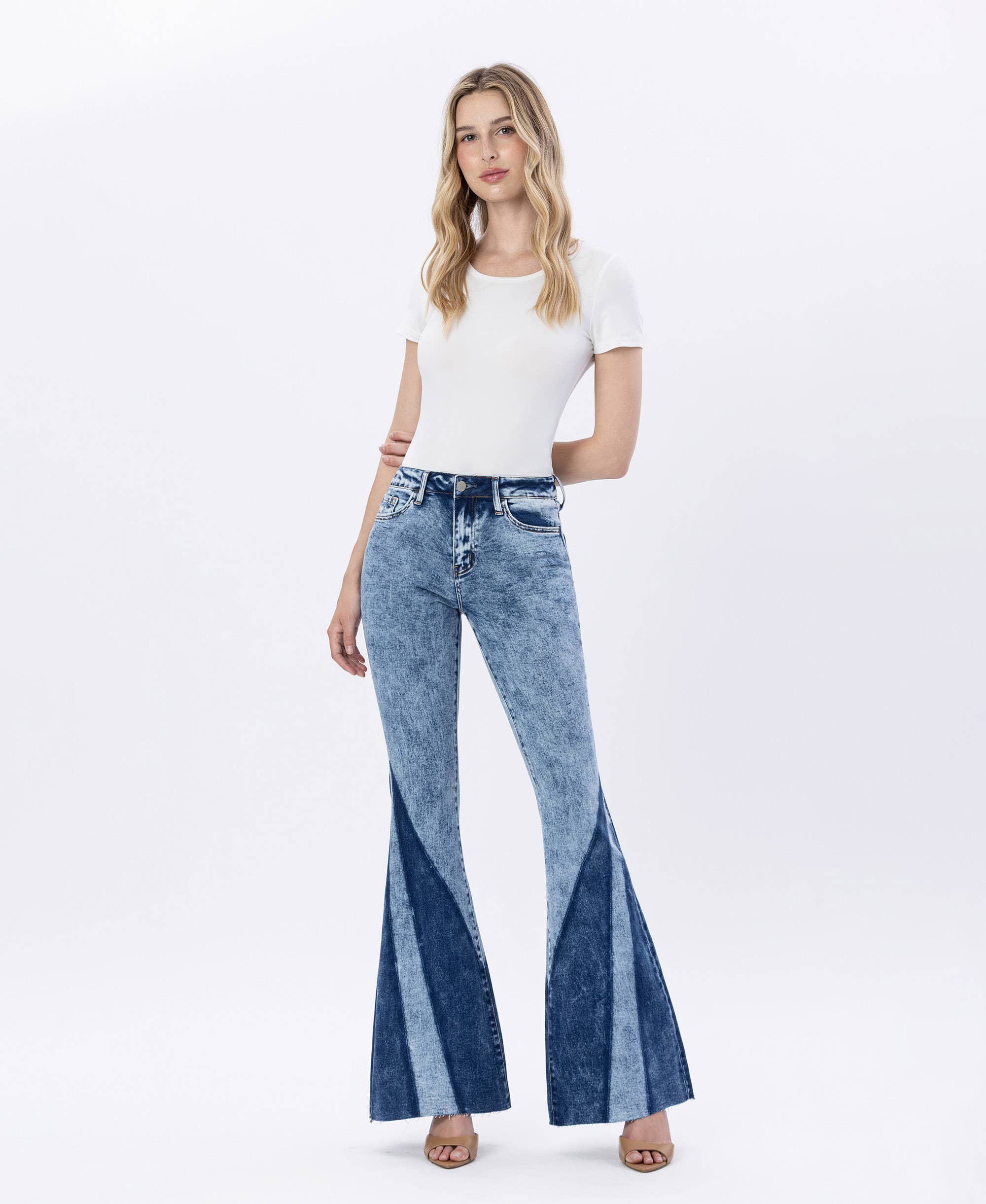 HIGH RISE CONTRAST PANEL SUPER FLARE JEANS - Flying Monkey