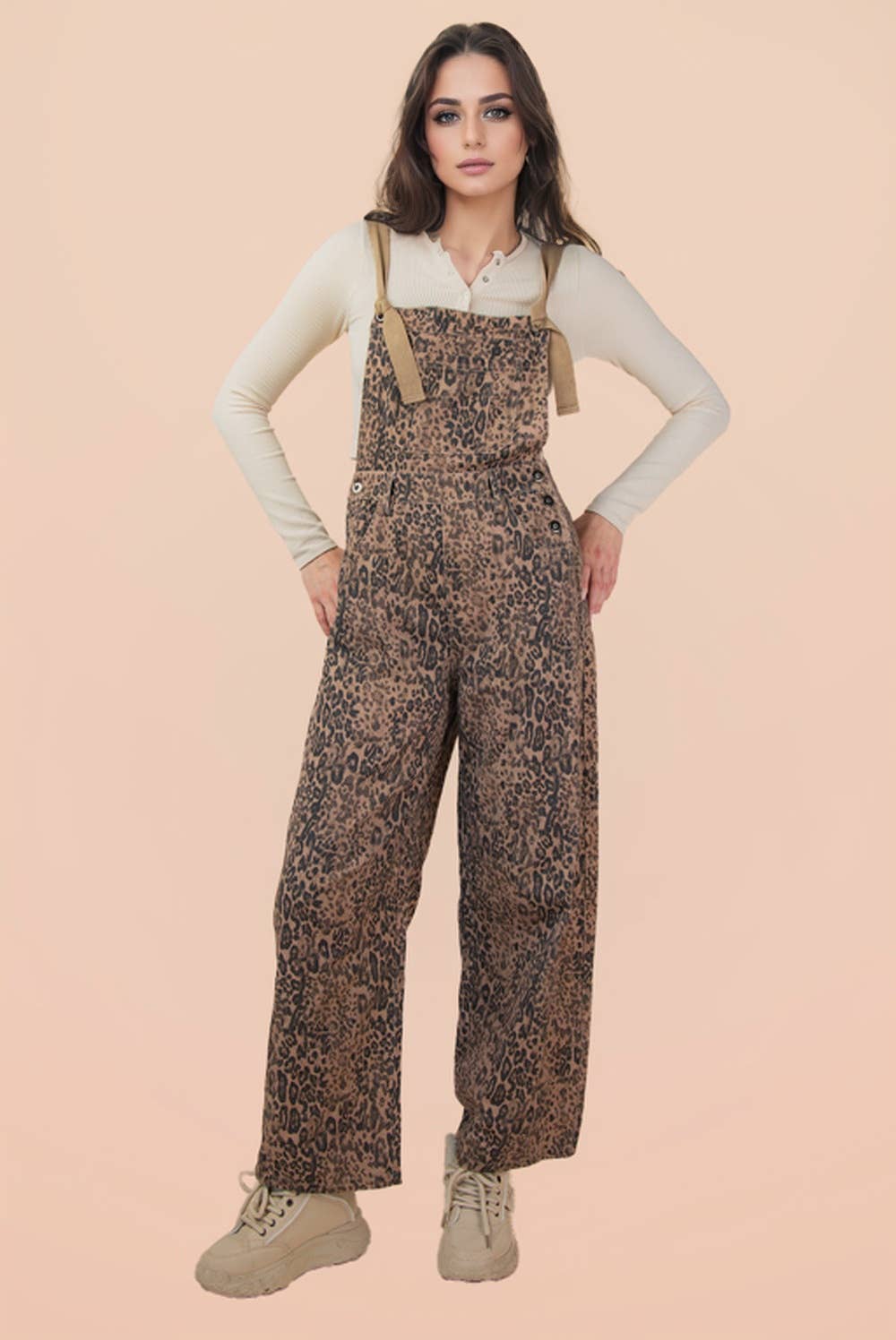 Leopard Print & Denim Barrel Leg Overall