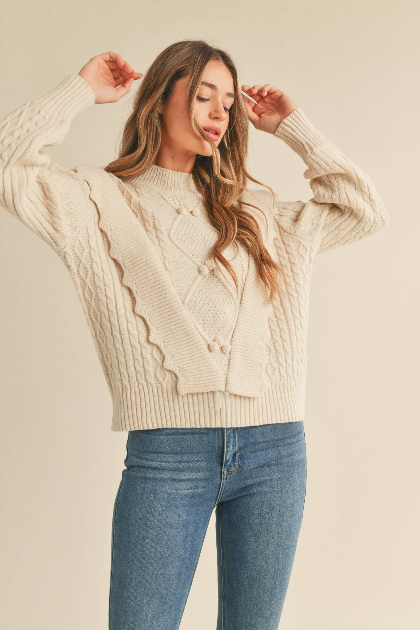 MOCK NECK CABLE KNIT PULLOVER WITH POM