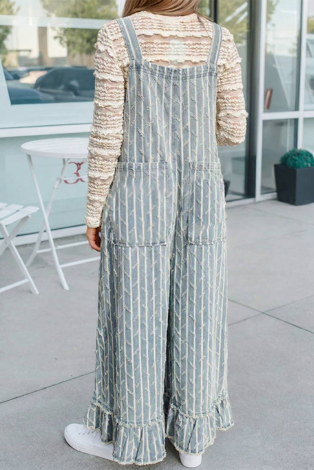 Striped Distressed Ruffled Wide Leg Denim Overalls