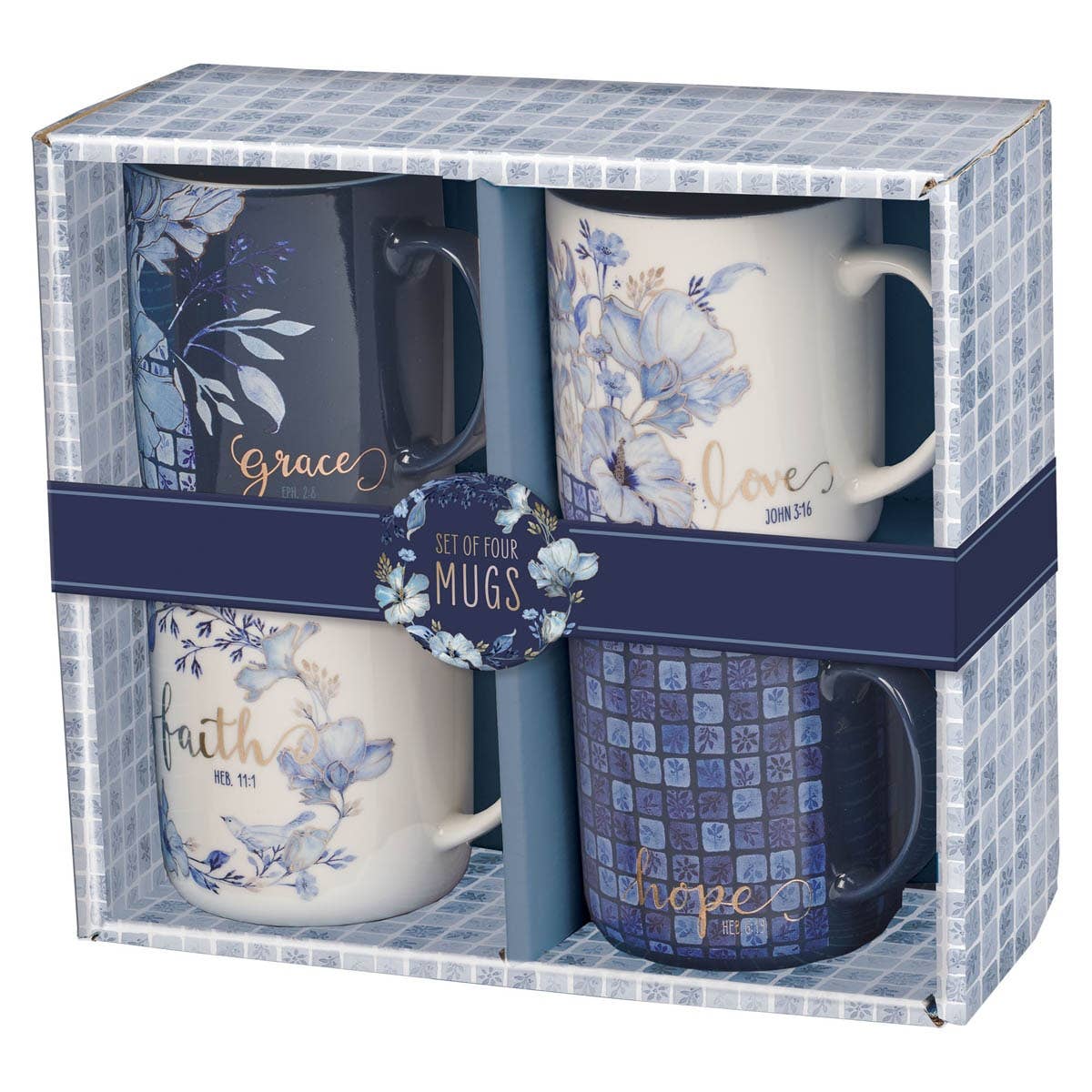 Mug Set 4pc Blue Floral Geometric