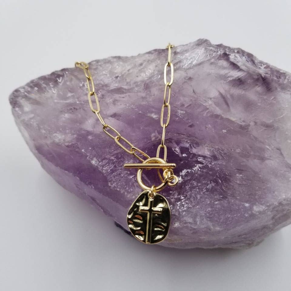 Hammered Cross Paperclip Toggle Necklace - Gold & Silver