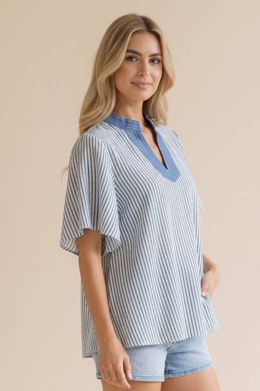 Plus Stitched Neck Band Flutter Sleeve Stripe Top