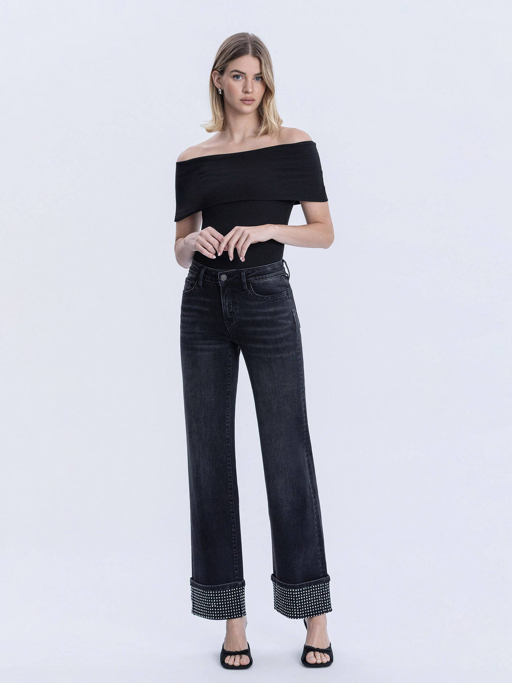 MID RISE RHINESTONE CUFFED BLACK SLIM WIDE JEANS