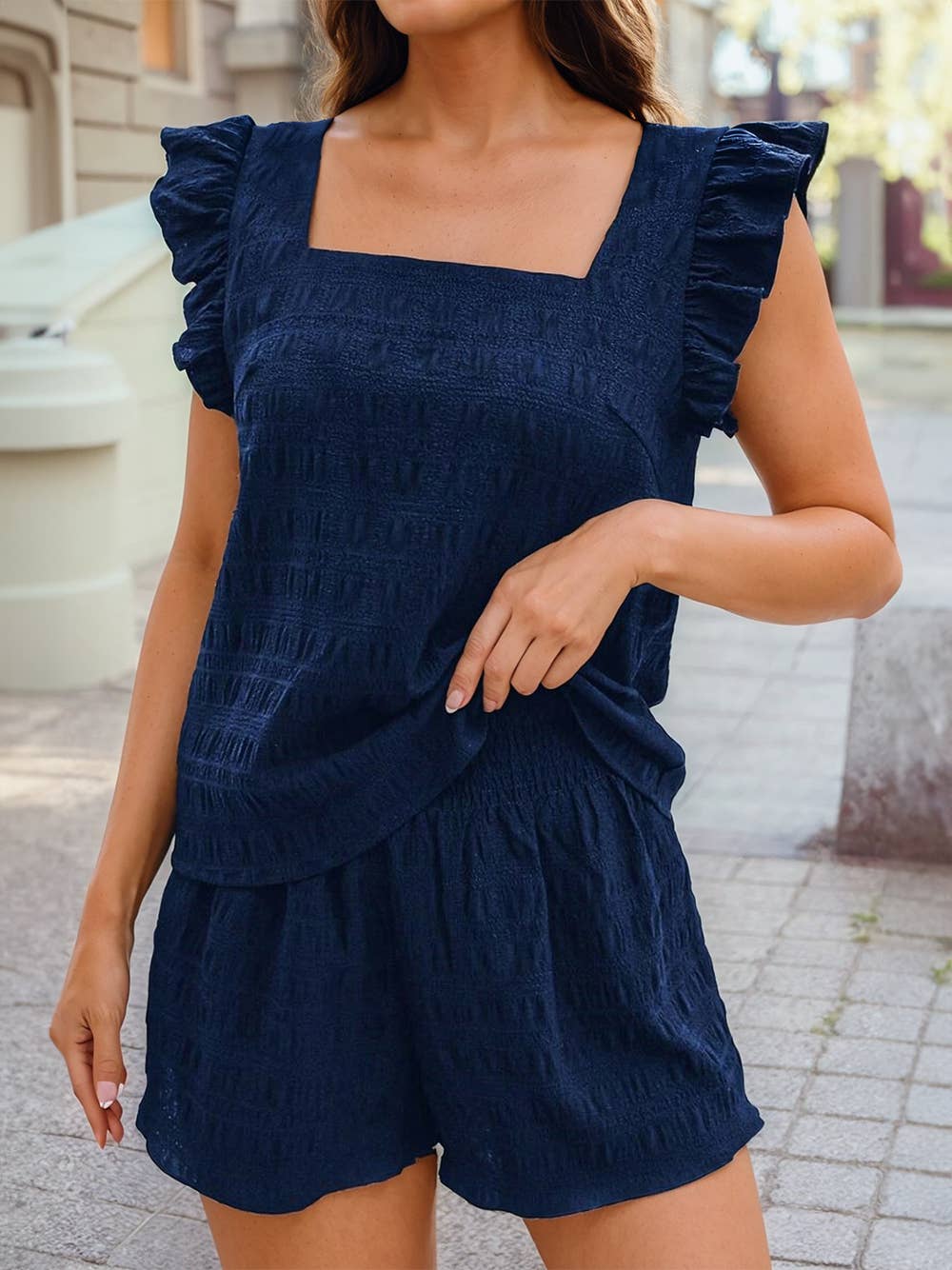 Textured Square Neck Ruffle Top and Shirred Shorts 2 Pcs Set