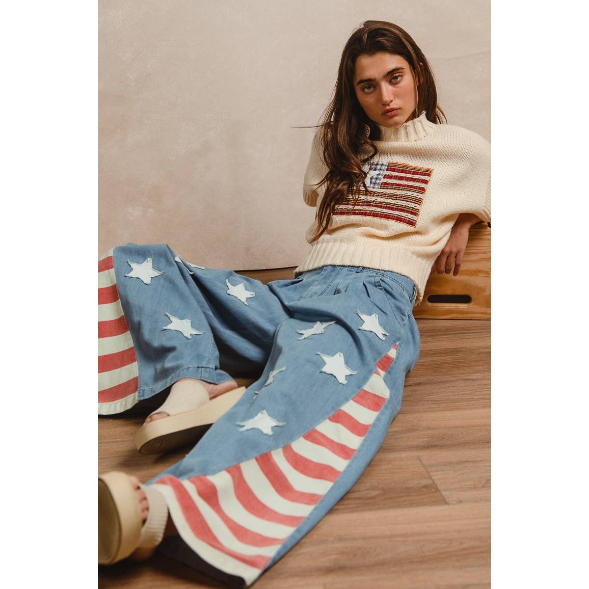 VINTAGE WASHED AMERICAN FLAG STAR CHAMBRAY PANTS