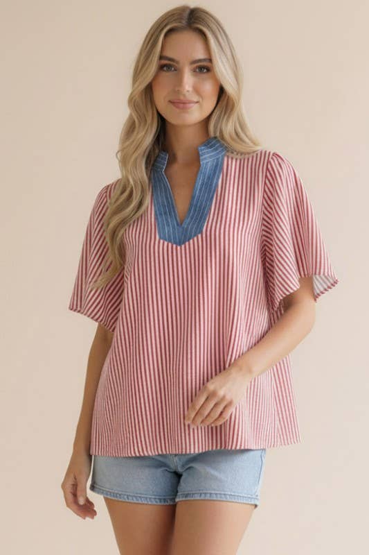 Plus Stitched Neck Band Flutter Sleeve Stripe Top