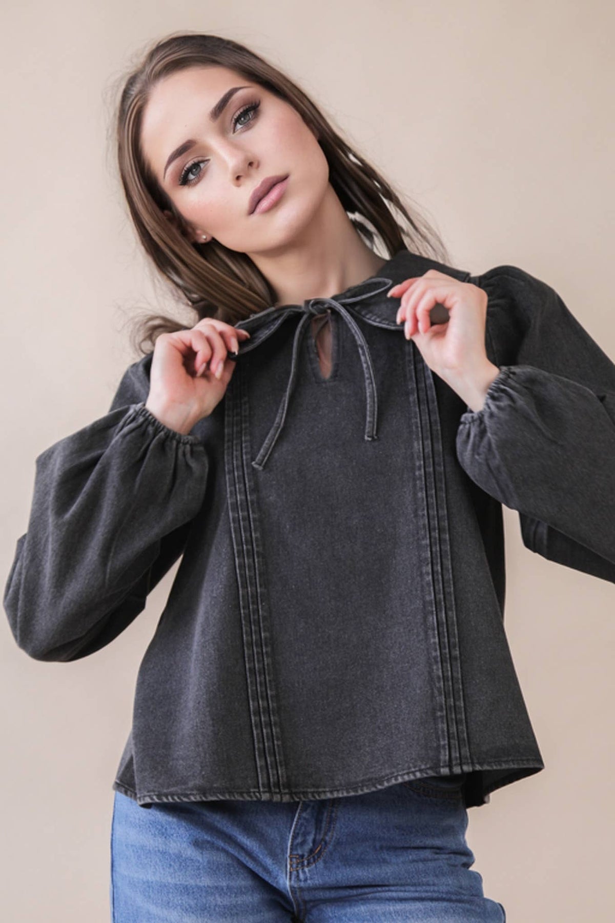 Mineral Washed Chambray Denim Blouse Top
