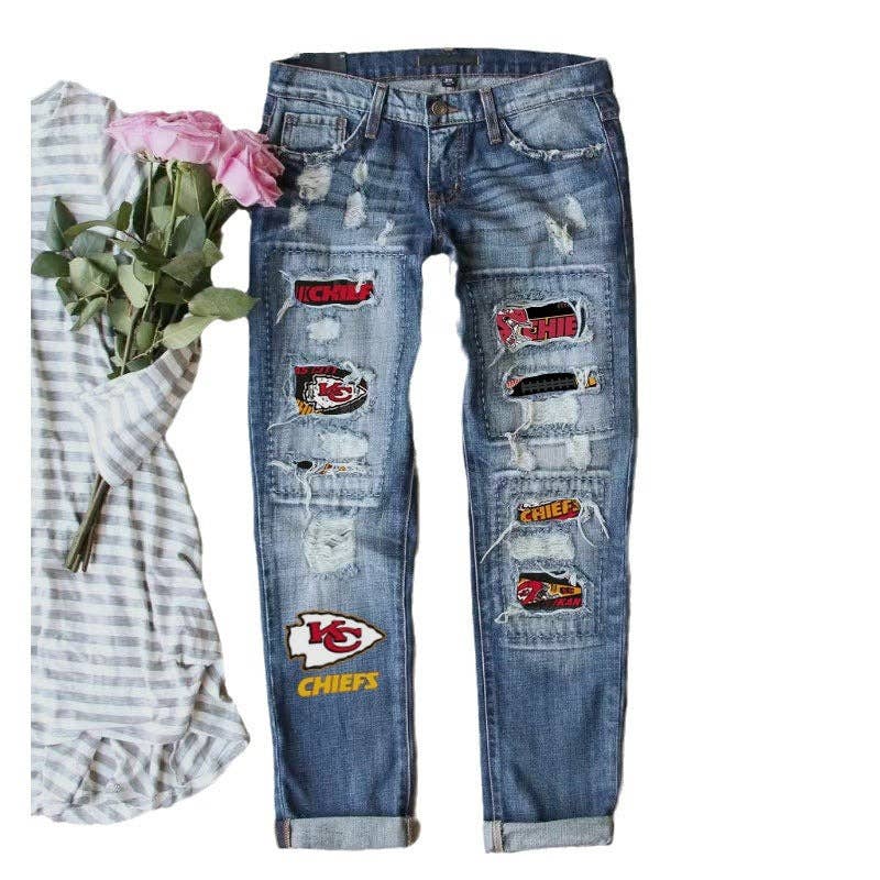 Chief Jeans Game Day Distressed Denim Jeans with Printed Patches