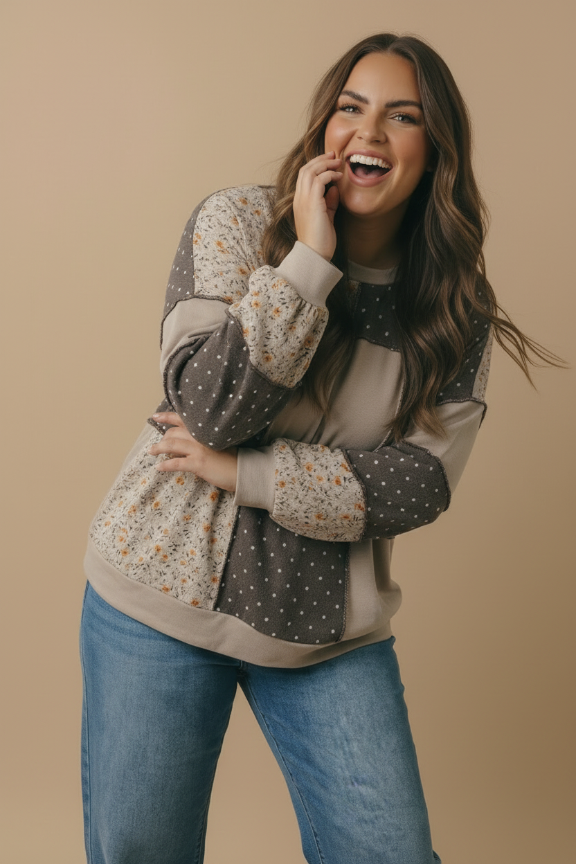 Plus Round Neck Mixed Print Patchwork Pullover